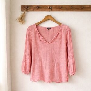Talbots Pink 100% Linen Pintuck Pleat Split Neck Blouse XS 3/4 Sleeve Top